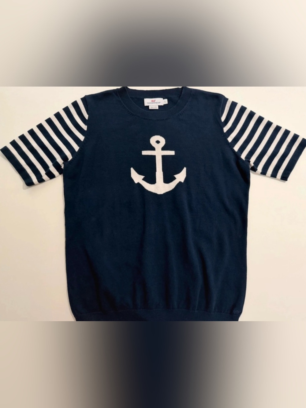 Vineyard Vines Navy Anchor Sweater Top Women's L Nautical Striped Short Sleeve